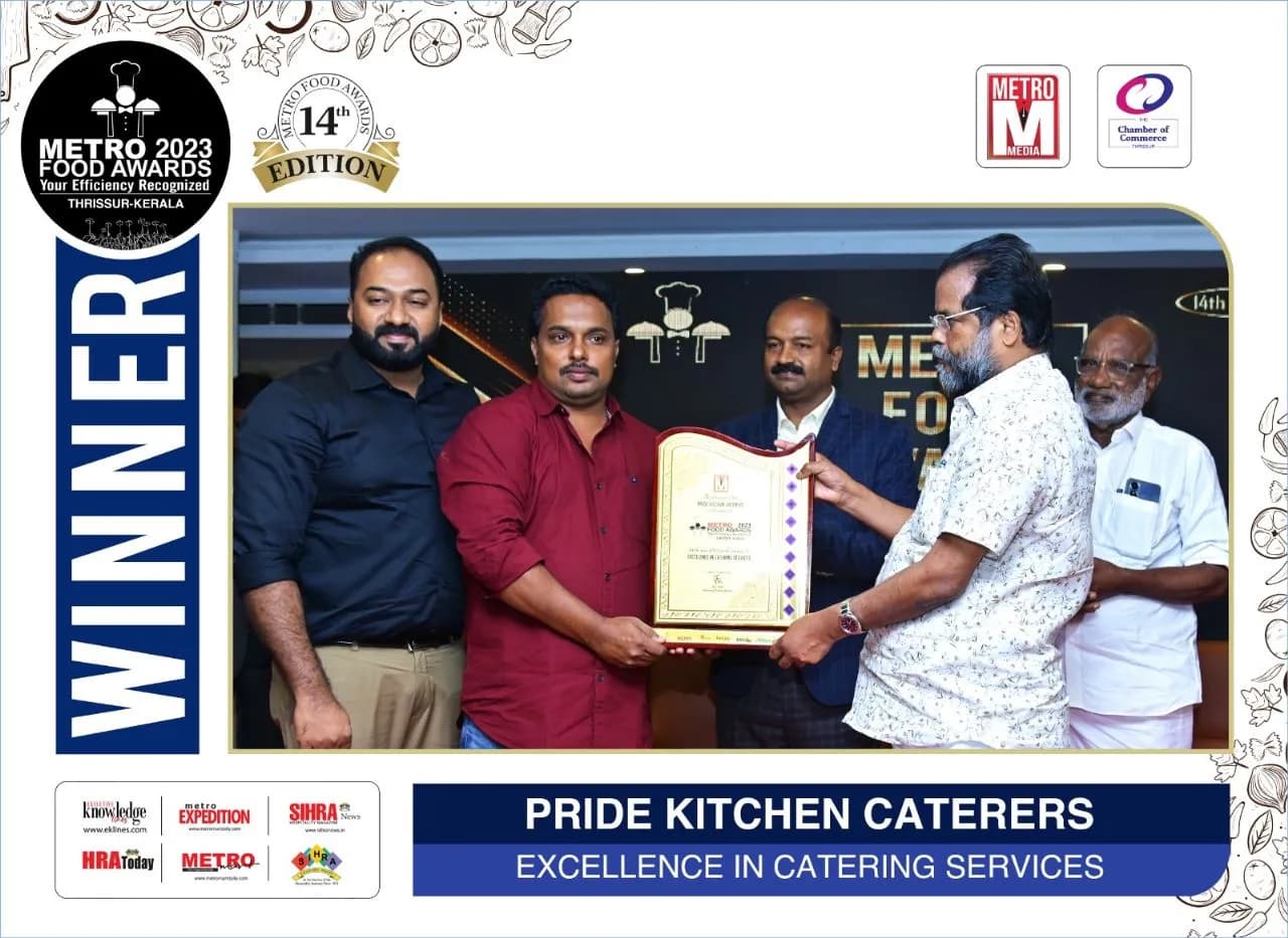 South Indian Hospitality Awards 2023 award recognizing excellence in luxury catering, event management, and hospitality services by Pride Kitchen Caterers & Events (PKC Events) in Kerala
