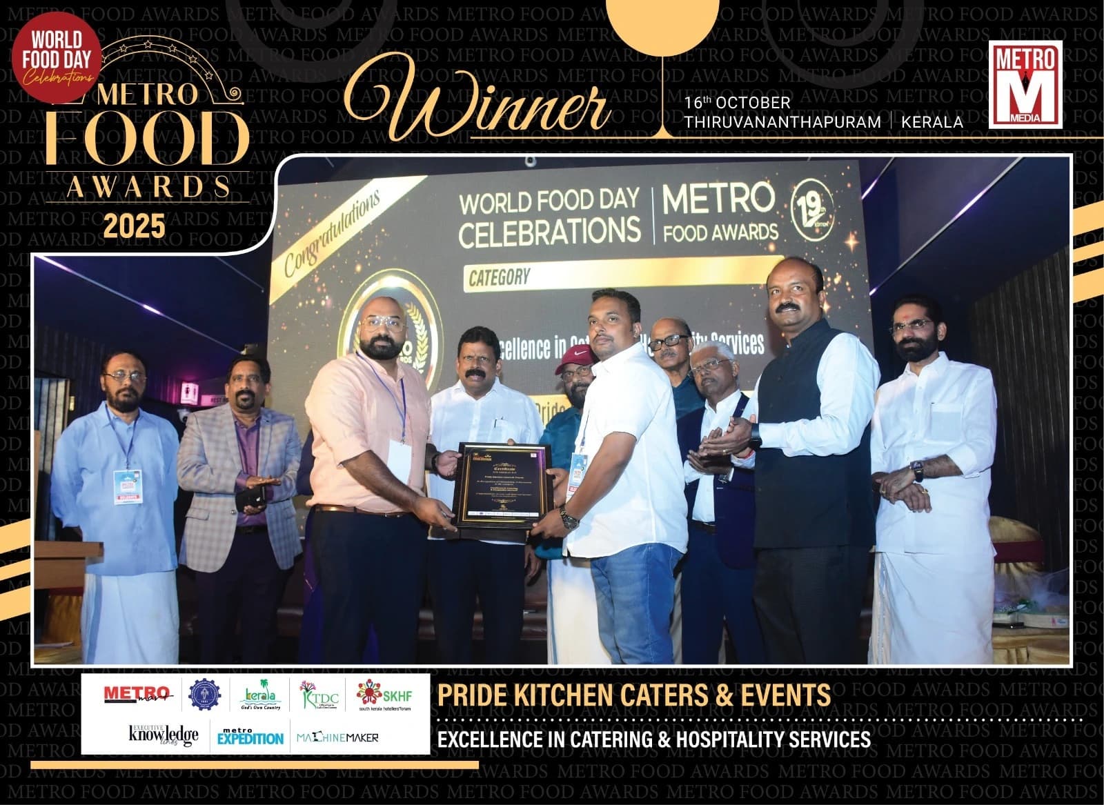 Metro Food Awards 2025 award recognizing excellence in luxury catering, event management, and hospitality services by Pride Kitchen Caterers & Events (PKC Events) in Kerala
